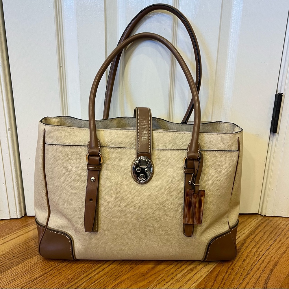 Tumi Voyageur Bailey Business Tote Shoulder Bag Leather Tan Brown Work Travel - Picture 2 of 15